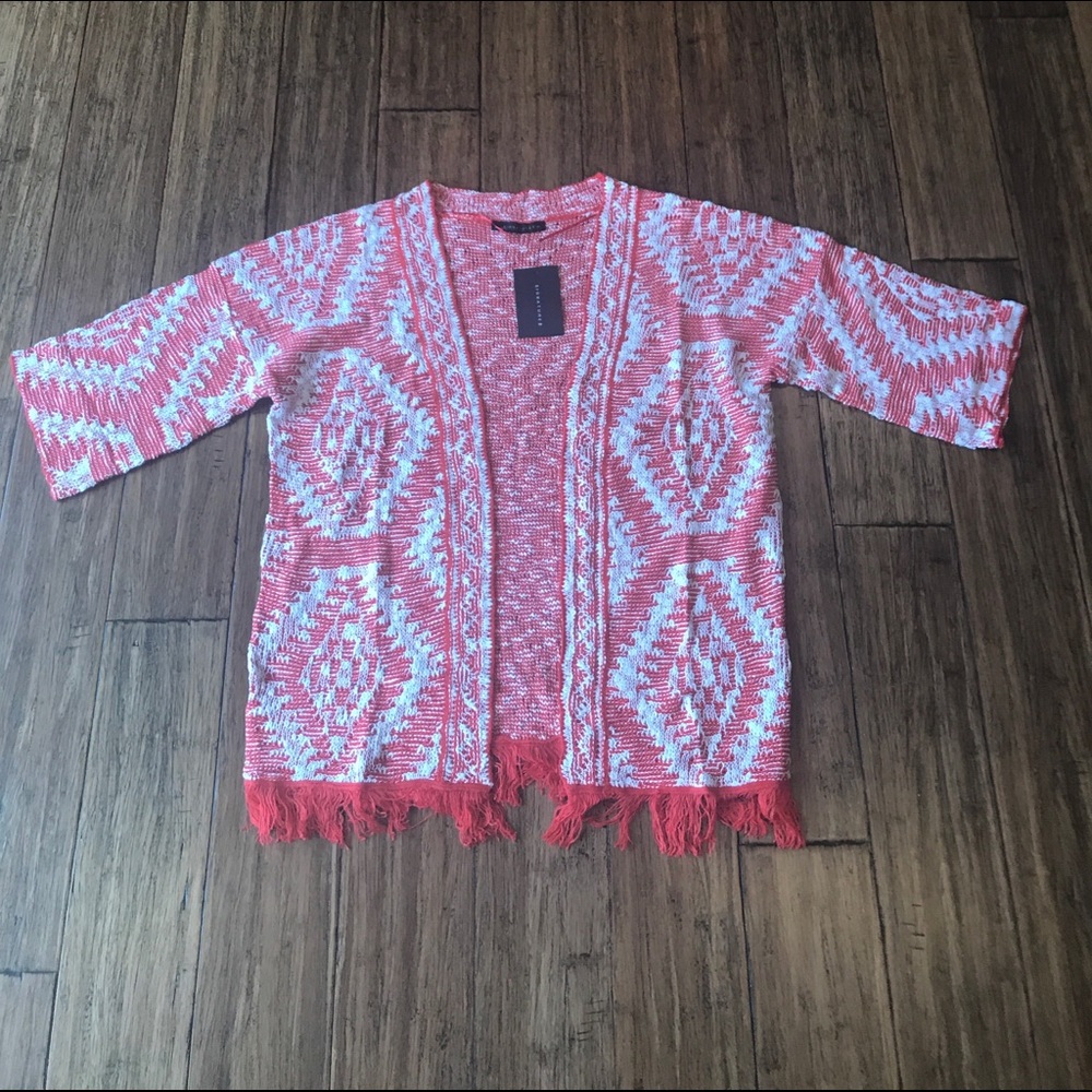 Tribal Print Red Fringe Open Cardigan - Picture 3 of 6